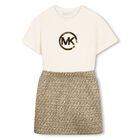 Girls Ivory & Beige Logo Dress, 1, hi-res