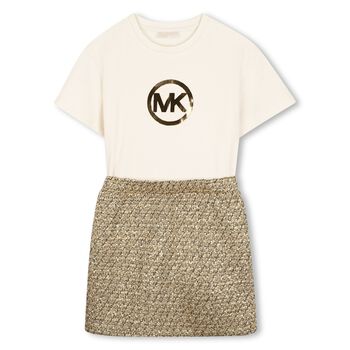 Girls Ivory & Beige Logo Dress