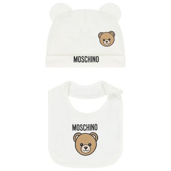 White Teddy Bear Logo Hat & Bib Baby Gift Set