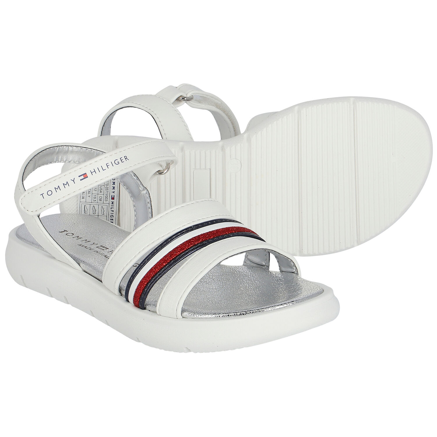 Girls White Stripe Logo Sandals, 1, hi-res