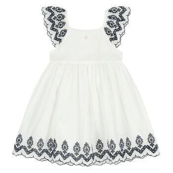 Girls White & Navy Blue Embroidered Dress