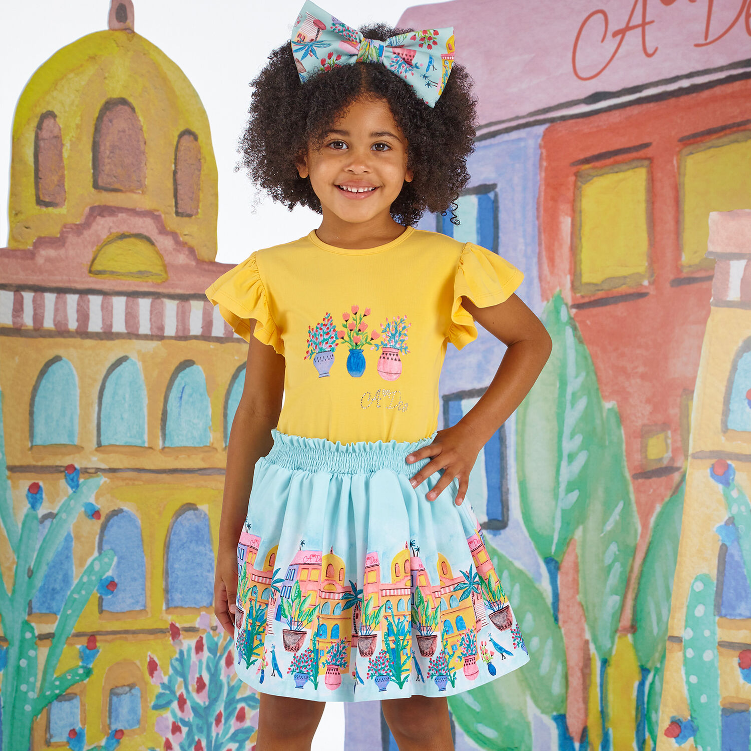 Girls Yellow & Blue Tropical Island Dress, 1, hi-res