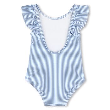 Girls White & Blue Striped Logo Swimsuit