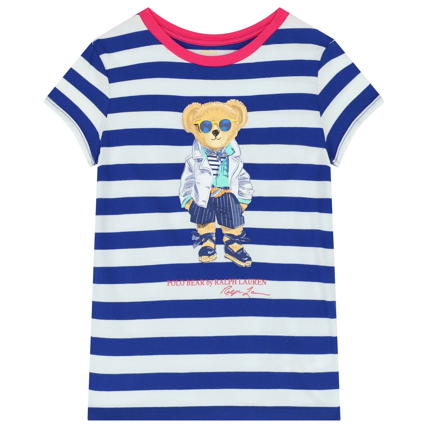 Girls White & Blue Striped Polo Bear T-Shirt, 1, hi-res image number null