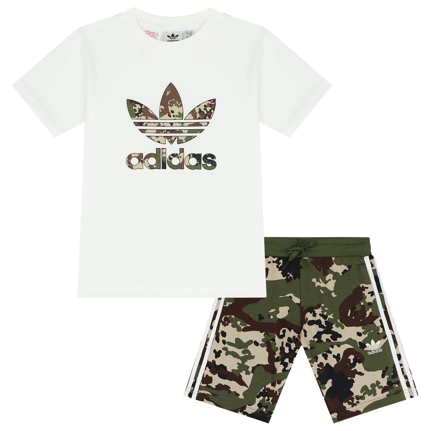 White & Green Trefoil Logo Shorts Set, 1, hi-res image number null