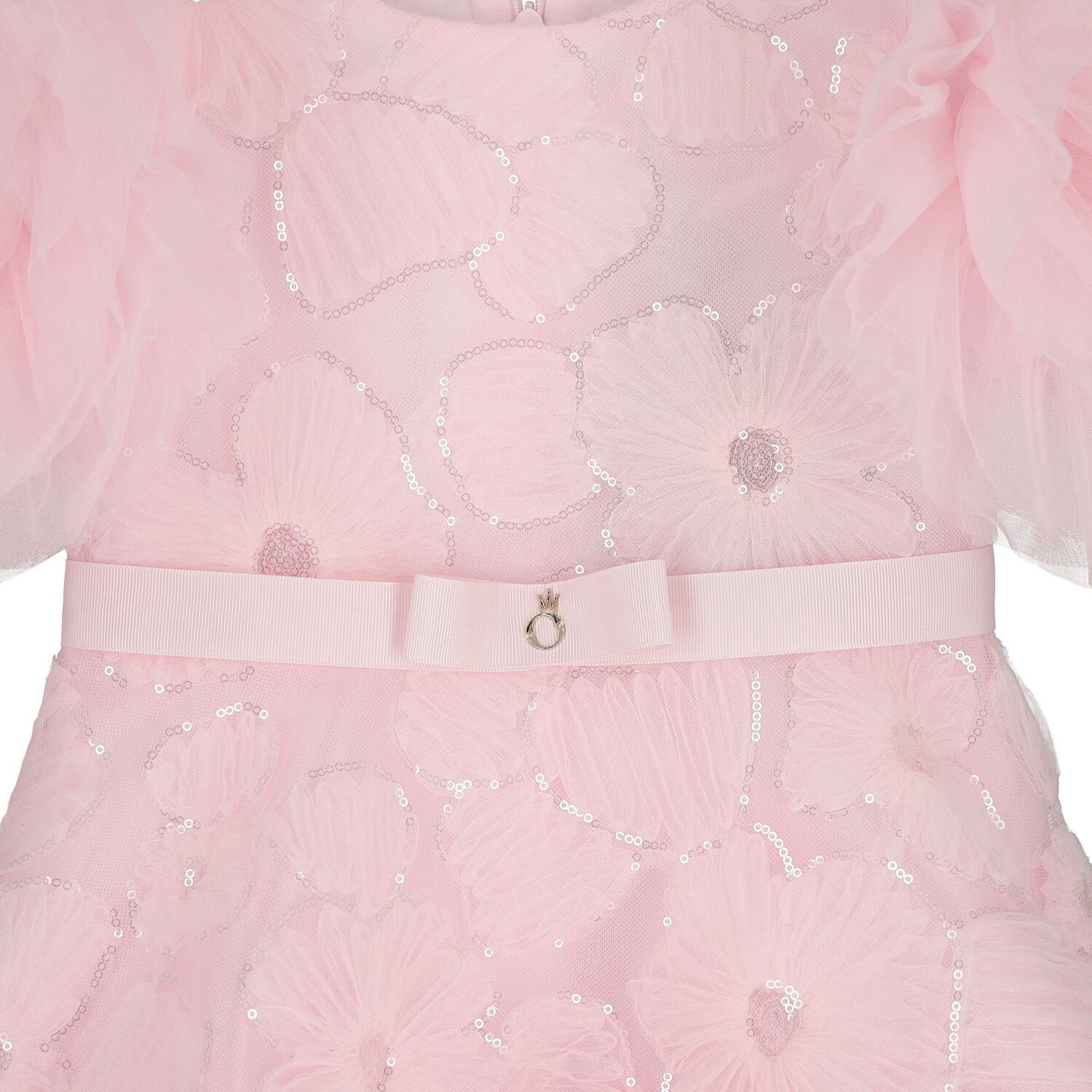 Girls Pink Floral Applique Tulle Dress, 1, hi-res