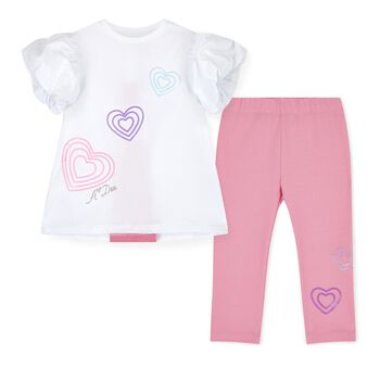 Girls White & Pink Cotton Leggings Set
