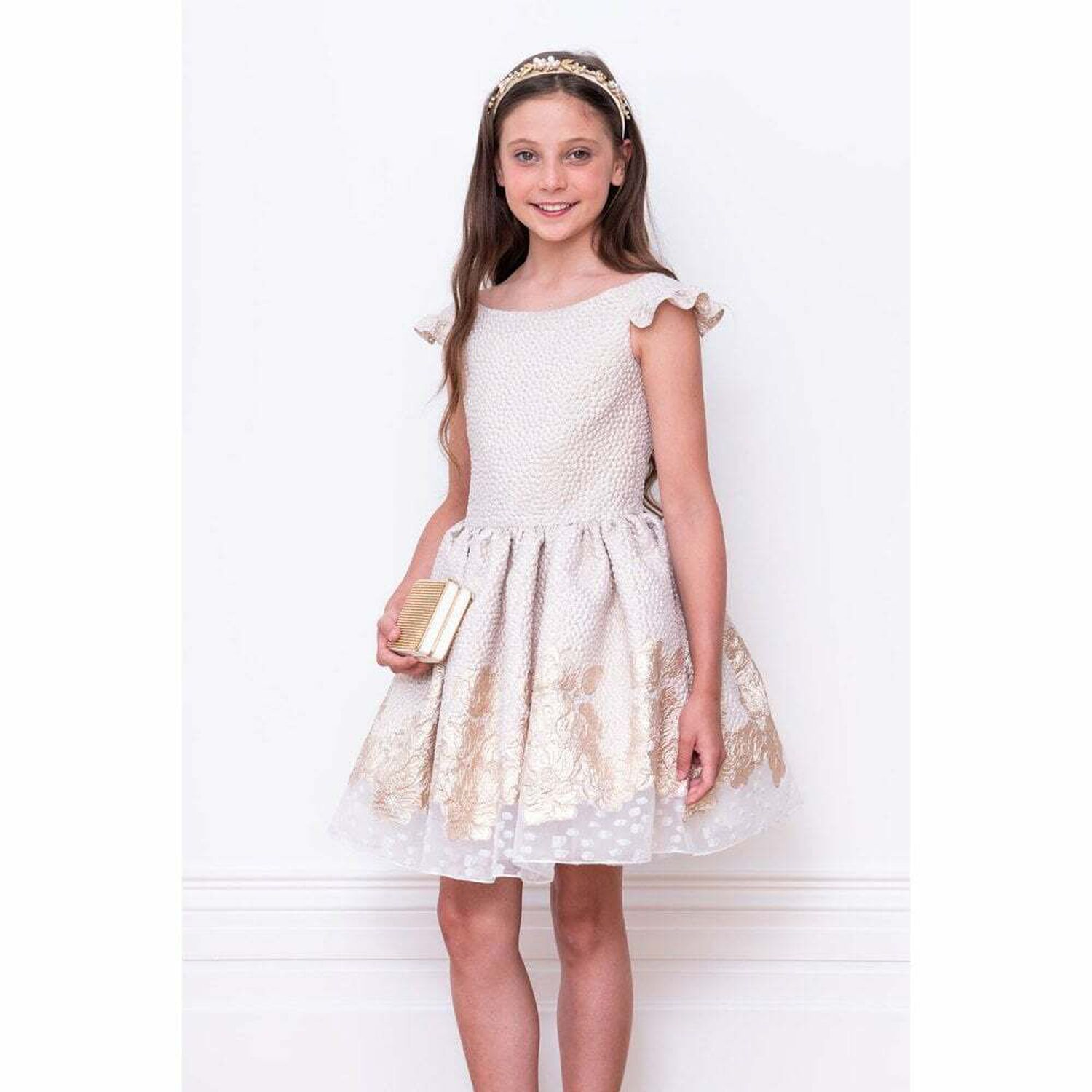 Girls Gold Special Occasion Dress, 1, hi-res