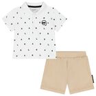 Boys White & Beige Logo Shorts Set, 1, hi-res