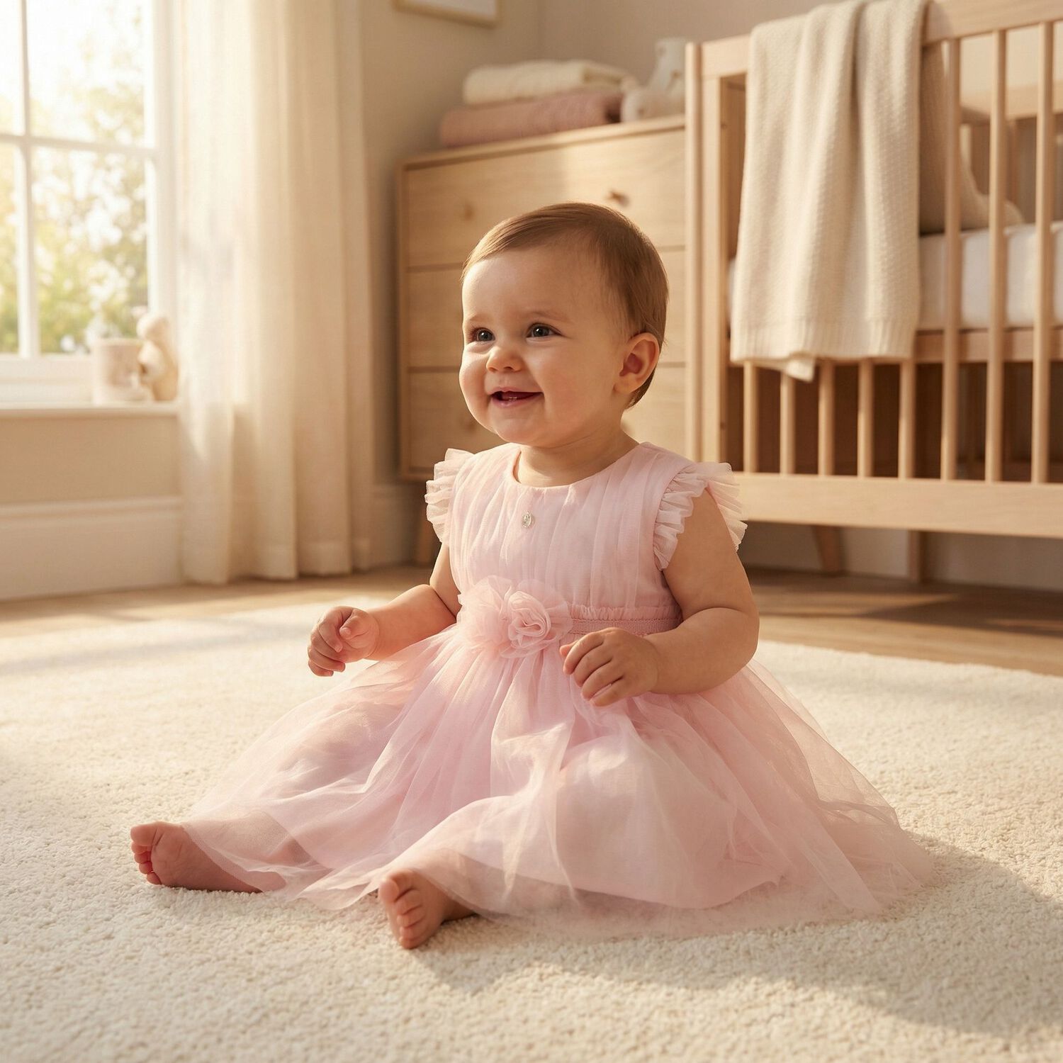 Baby Girls Pink Flower Tulle Dress, 1, hi-res