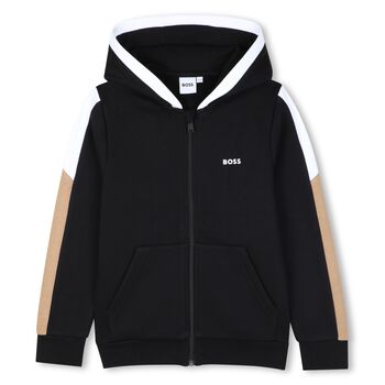 Boys Black Logo Hooded Zip Up Top
