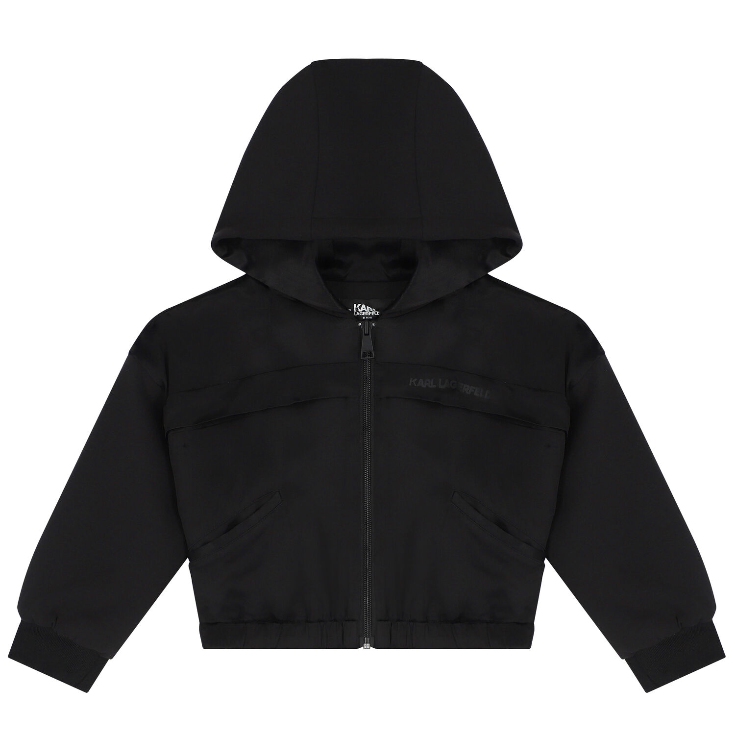 Girls Black Satin Logo Hooded Zip Up Top, 1, hi-res image number null