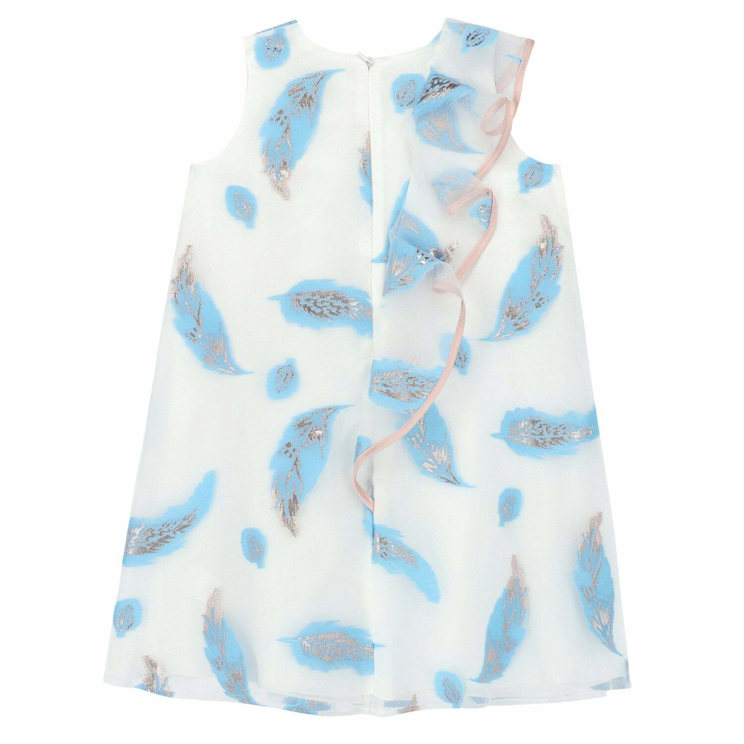 Girls White & Blue Feather Organza Dress, 1, hi-res