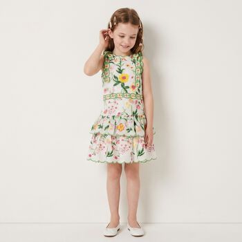 Girls White & Green Embroidered Floral Dress
