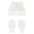 Baby Girls Ivory & Pink Hat & Mittens Set, 1, hi-res