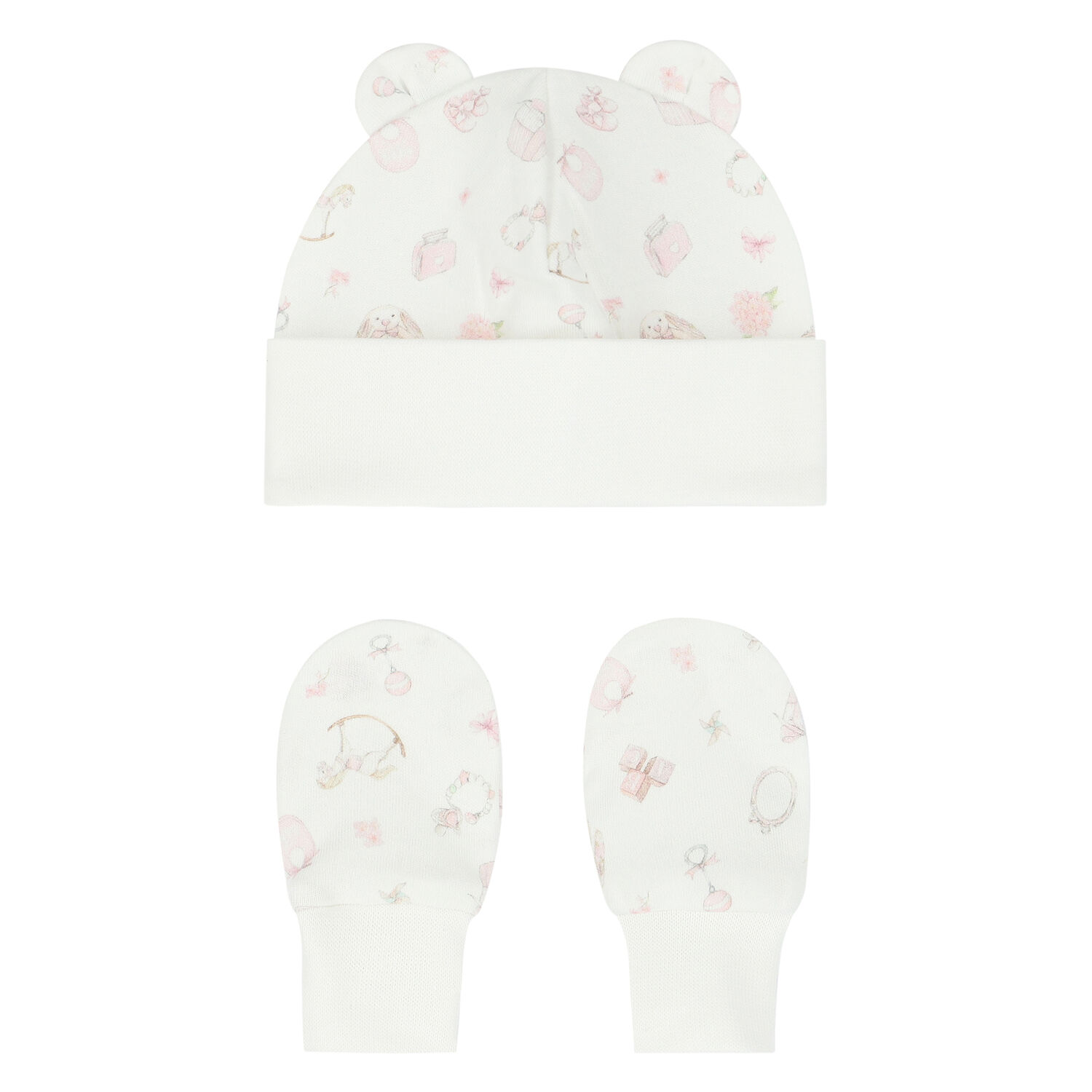Baby Girls Ivory & Pink Hat & Mittens Set, 1, hi-res