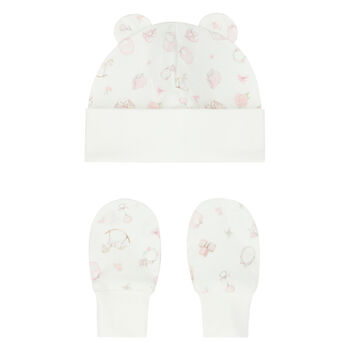 Baby Girls Ivory & Pink Hat & Mittens Set