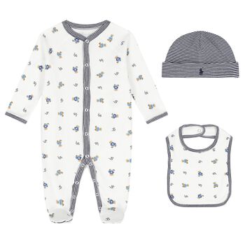 Baby Boys White & Navy Blue Logo Babygrow Gift Set