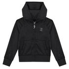 Girls Black Crystal Embellished Diamant&eacute; Logo Velour Hooded Zip Up Top, 1, hi-res