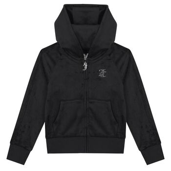 Girls Black Crystal Embellished Diamant&eacute; Logo Velour Hooded Zip Up Top