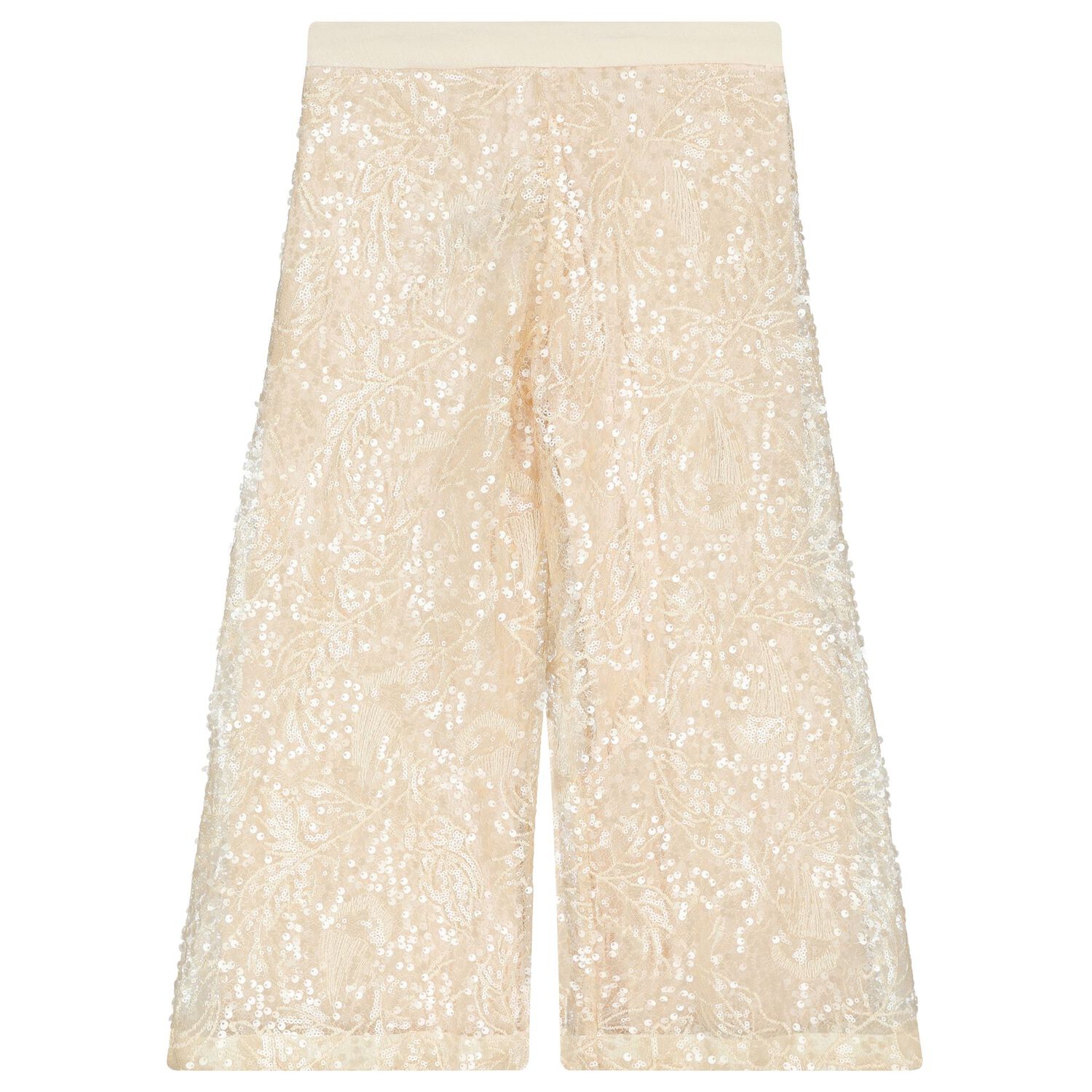 Girls Beige & Gold Chiffon & Sequin Lace Trousers Set, 1, hi-res