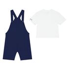 Baby Boys White & Navy Blue Dungaree Set, 1, hi-res