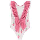 Girls White & Pink Gingham Strawberries Swimsuit, 3, hi-res