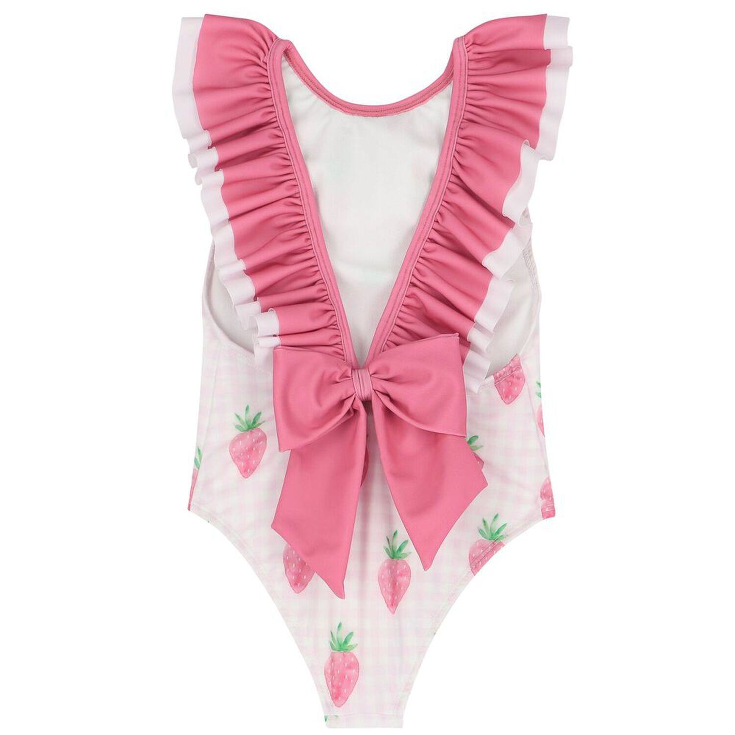 Girls White & Pink Gingham Strawberries Swimsuit, 3, hi-res