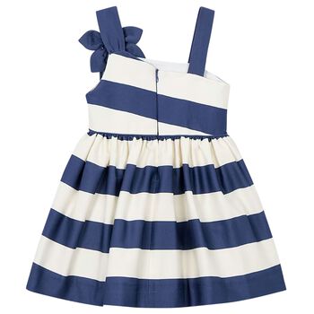 Girls Ivory & Navy Blue Striped Flower Dress