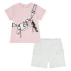 Younger Girls Pink & White Bag Shorts Set, 1, hi-res