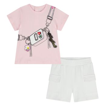 Younger Girls Pink & White Bag Shorts Set