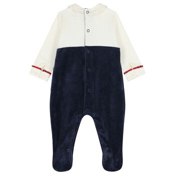 Baby Boys Ivory & Navy Blue Velour Babygrow