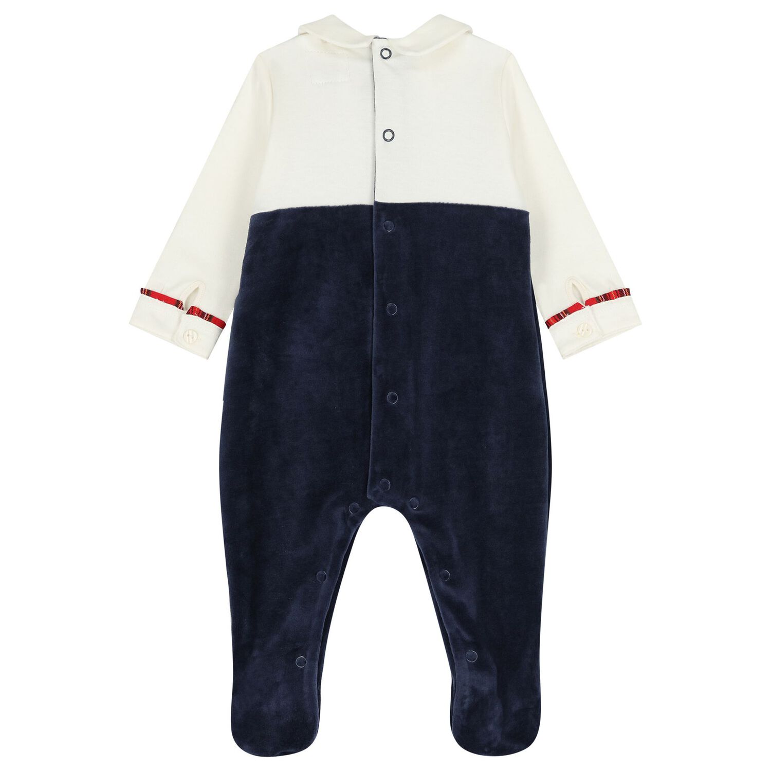 Baby Boys Ivory & Navy Blue Velour Babygrow, 1, hi-res image number null