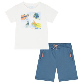 Boys White & Blue Surfing Board Shorts Set