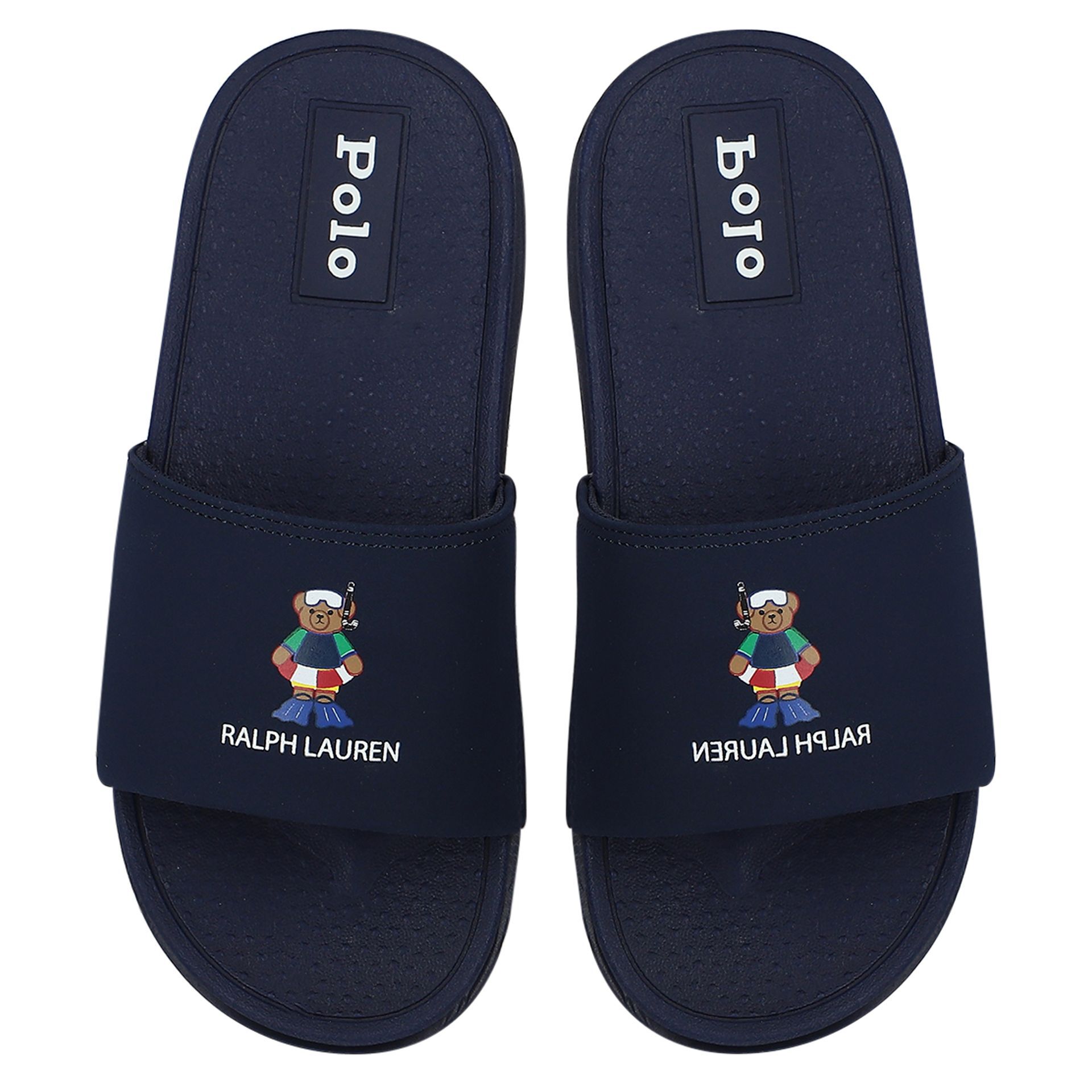 Ralph Lauren Boys Navy Blue Logo Sliders Junior Couture UK