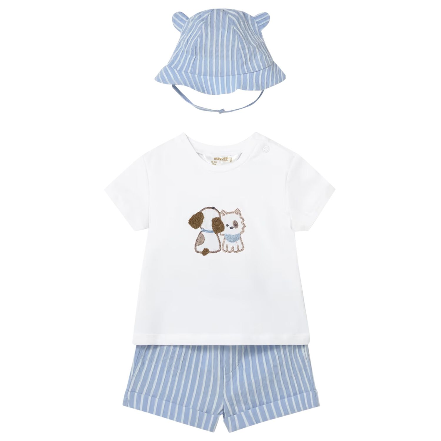 Baby Boys White & Blue  Striped Shorts & Hat Set , 1, hi-res