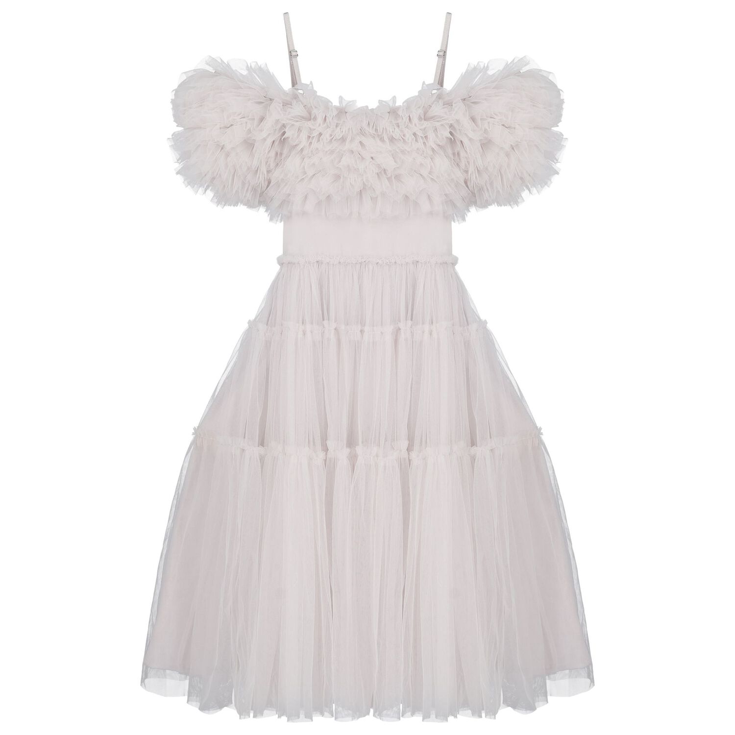 Girls Grey Ruffled Tulle Dress, 1, hi-res