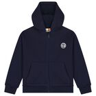 Boys Navy Blue Logo Hooded Zip Up Top, 2, hi-res