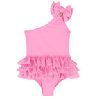 Girls Pink One-Shoulder Tulle Frills Swimsuit, 1, hi-res