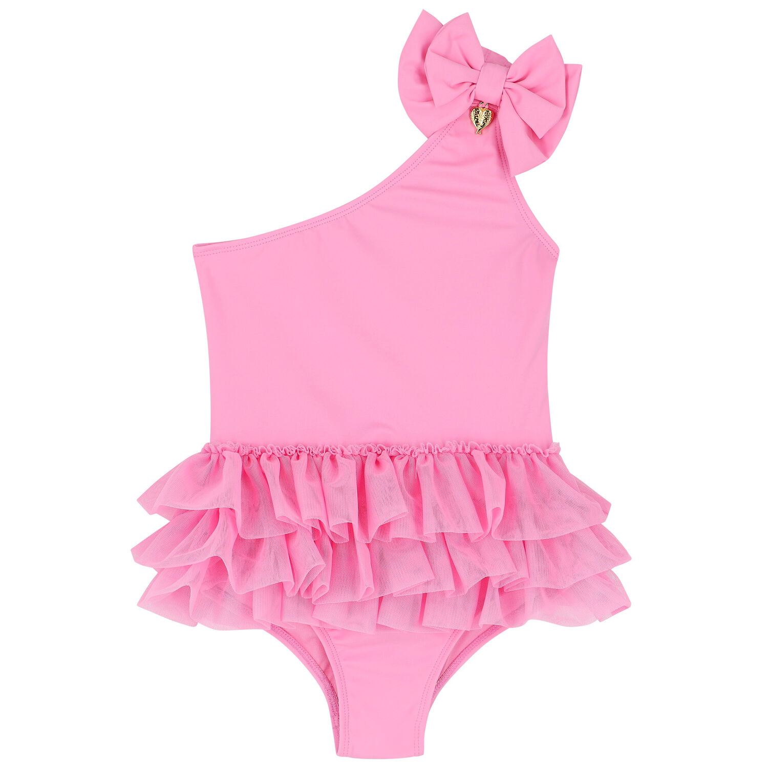 Girls Pink One-Shoulder Tulle Frills Swimsuit, 1, hi-res
