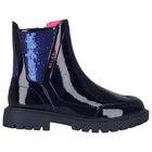 Girls Navy Blue Faux Leather Boots , 1, hi-res