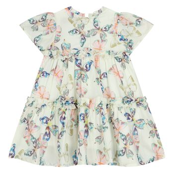 Younger Girls Ivory Butterflies Logo Dress