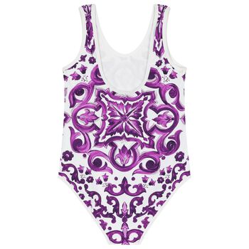 Girls White & Purple Majolica Swimsuit