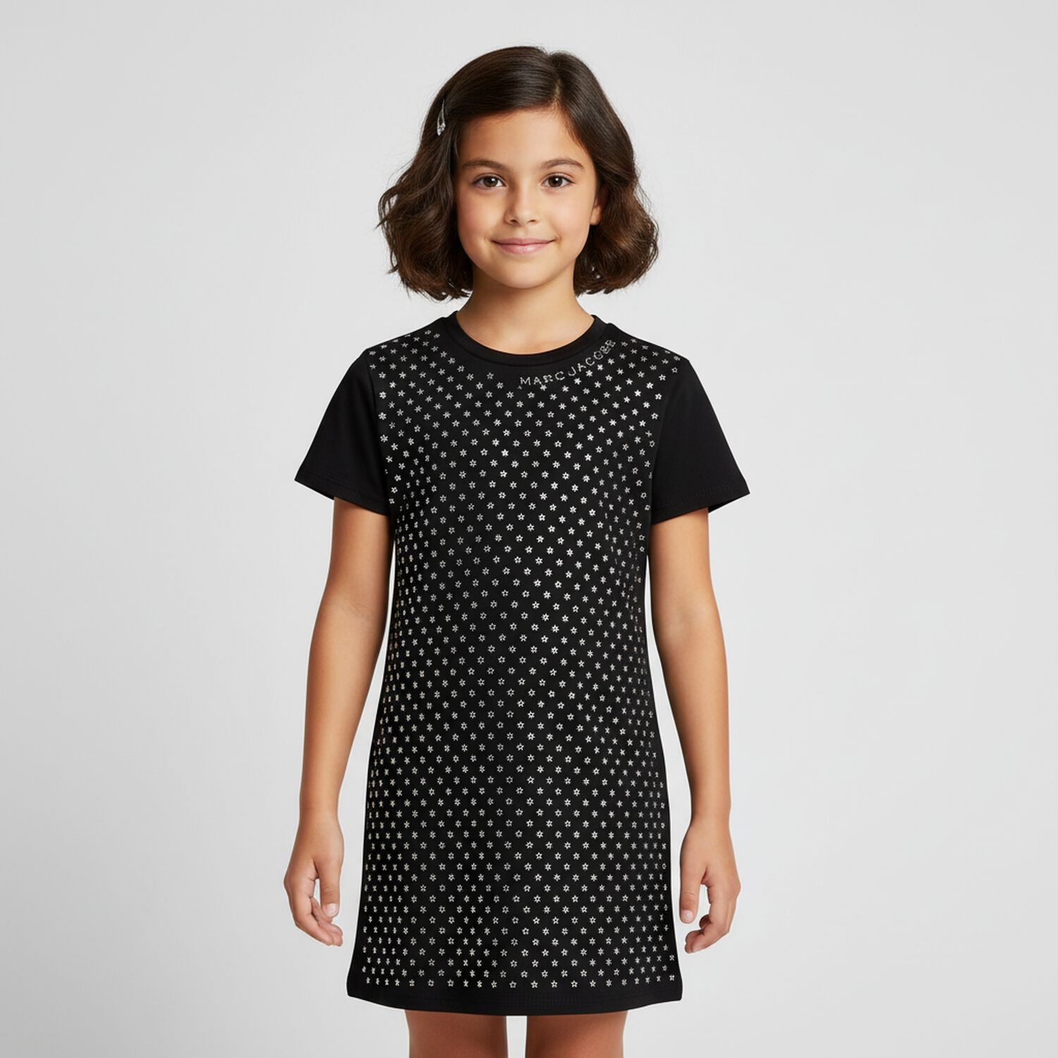 Girls Black Daisy Rhinestones Dress, 1, hi-res
