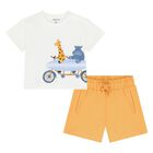 Younger Boys White & Orange Shorts Set, 1, hi-res