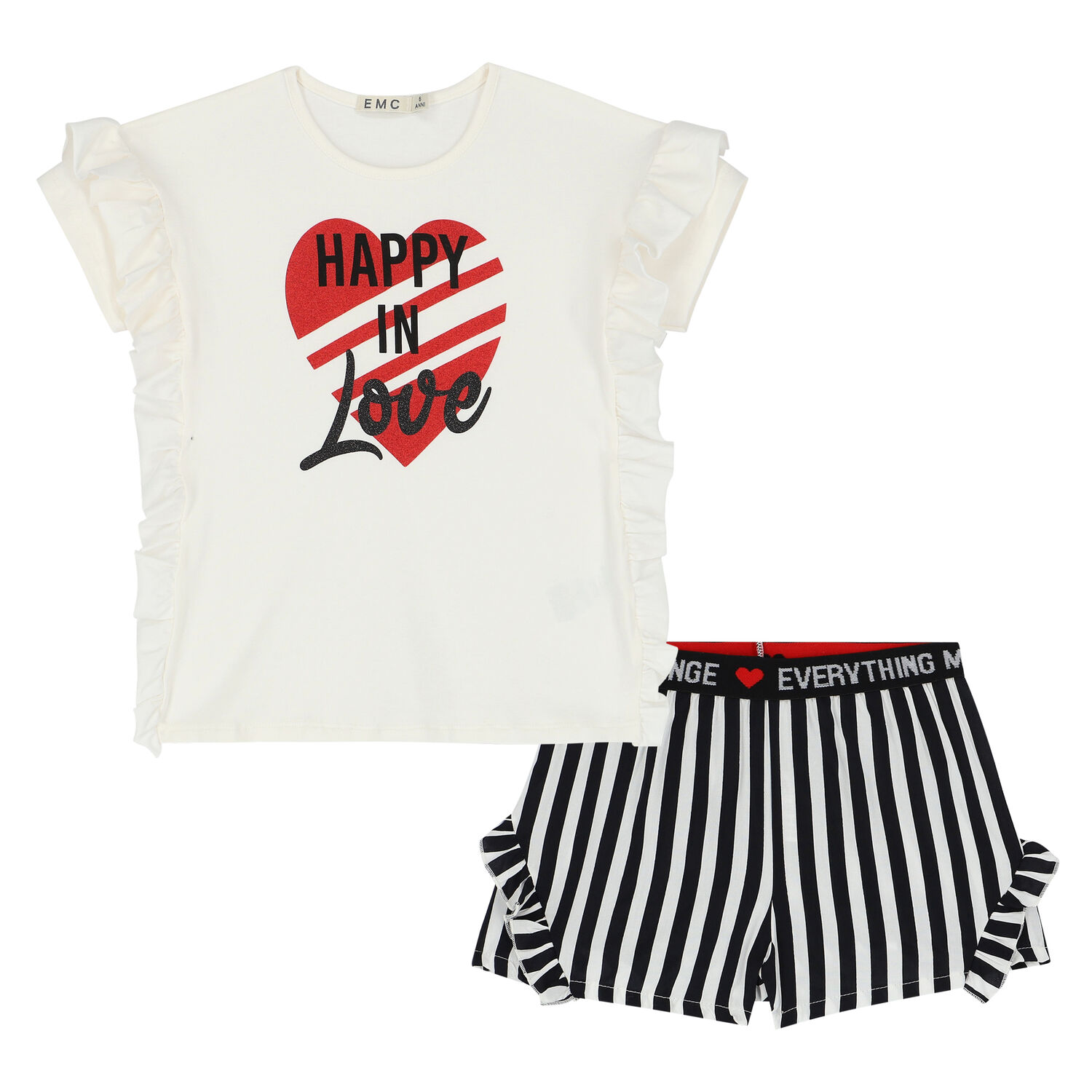 Girls Ivory & Black Heart Shorts Set, 1, hi-res