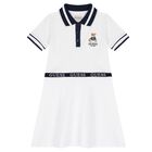Girls White Cotton Bear Logo Dress, 1, hi-res