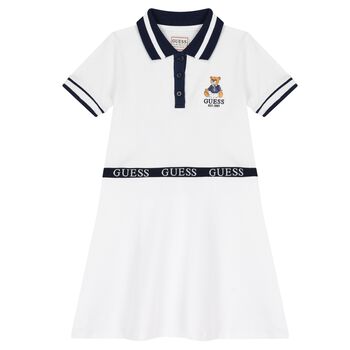 Girls White Cotton Bear Logo Dress