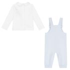 Baby Boys White & Blue Dungaree Set, 1, hi-res