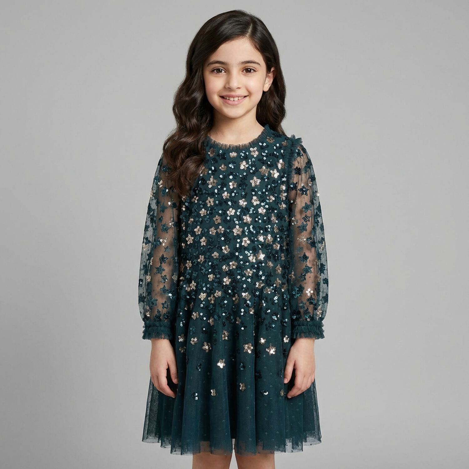 Girls Green Sequin Tulle Dress, 1, hi-res